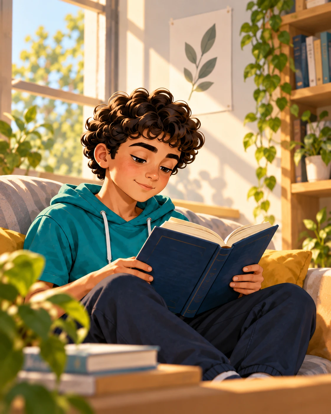 נער קורא ספר בפינת קריאה מוארת